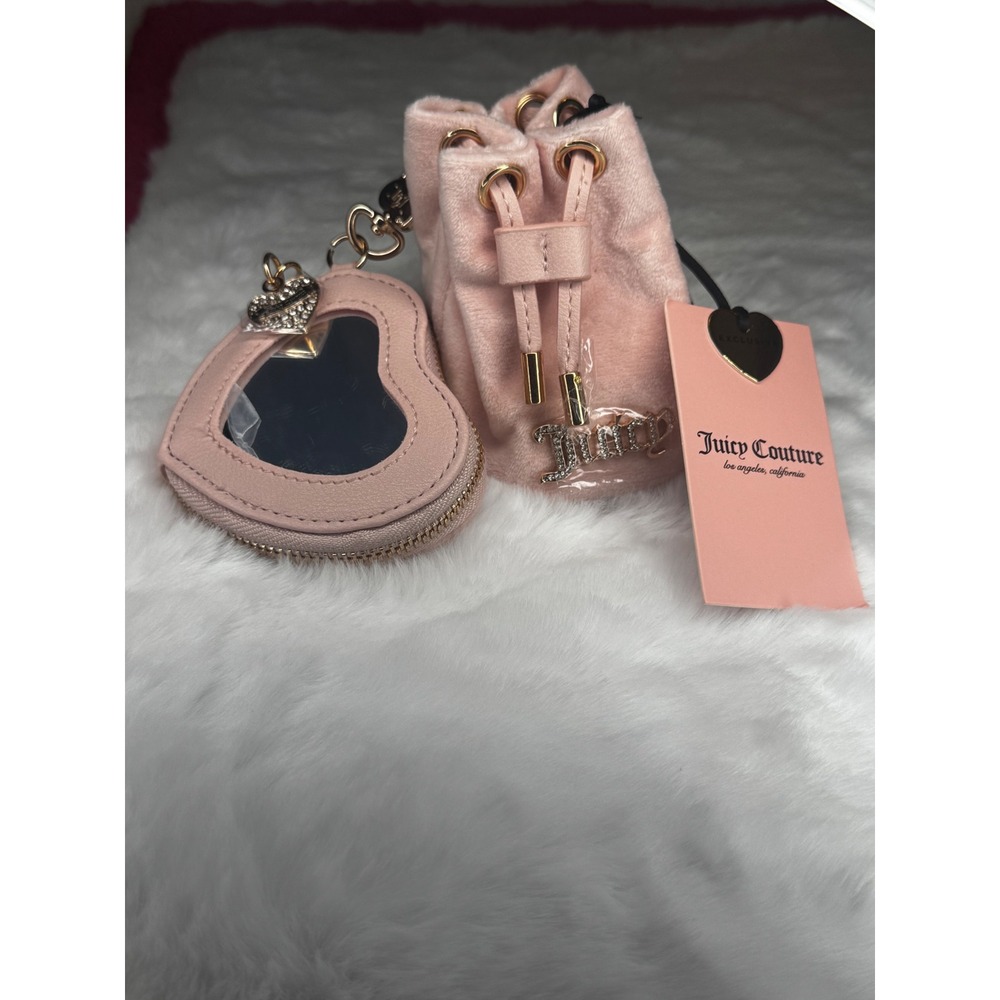 Juicy Couture Pink Velour Mini Drawstring Pouch & Heart Mirror Coin Purse Set